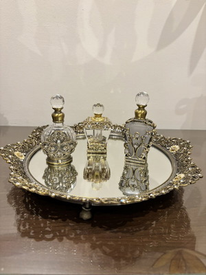 Vanity set with mirror tray and 3 decorative perfume bottles, vintage baroque style