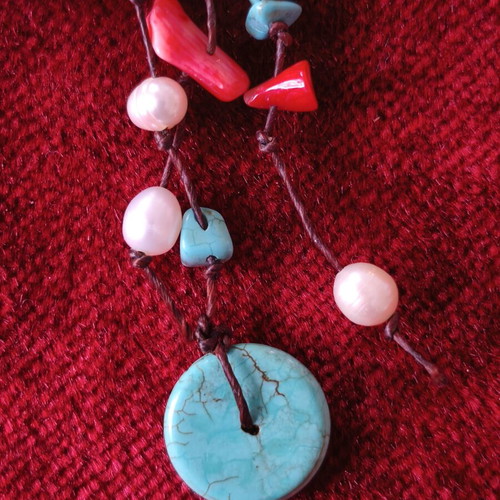 Handmade necklace with turquoise, coral and river pearls like new