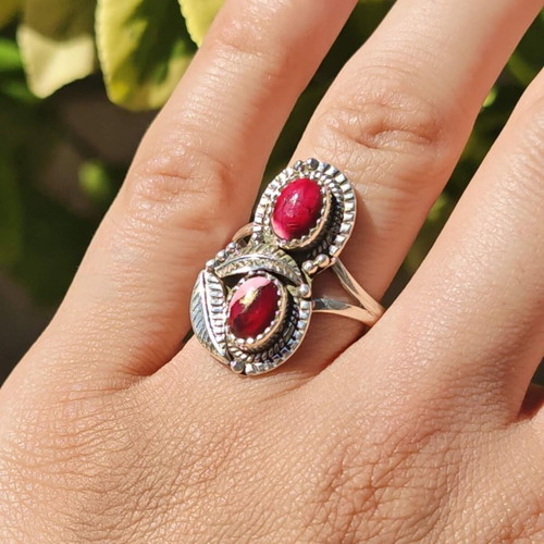 Silver ring with Red Rose Dahlia composite stone, new