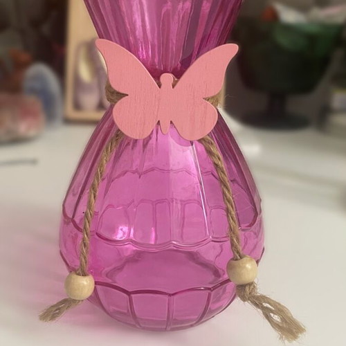Butterfly vase like new, fuchsia with pink wooden butterfly and string
