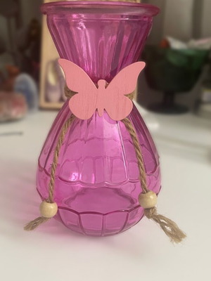 Butterfly vase like new, fuchsia with pink wooden butterfly and string