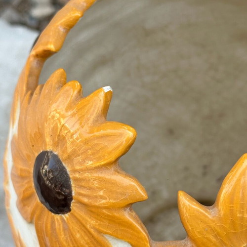 Collectible ceramic vase with sunflowers used, handmade 1978