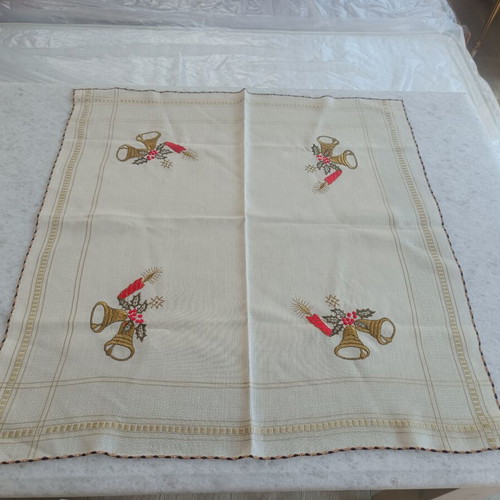 Christmas embroidered tablecloth used, 73×69 cm, vintage fabric
