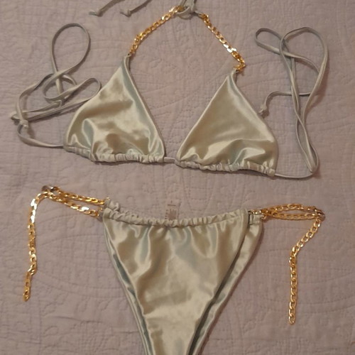 Satin triangle bikini swimsuit with chains light blue