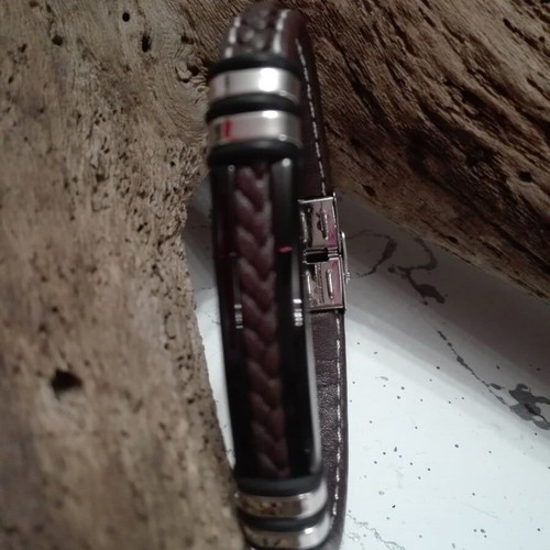 Men's Leather Bracelet with Stainless Steel and Tabac Leather New