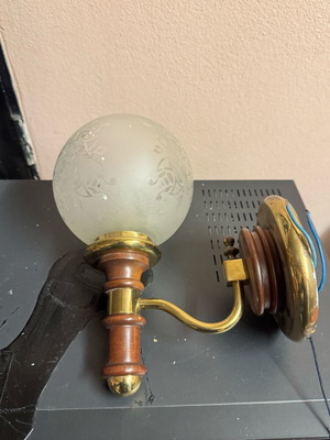 Vintage wall lamp used with brass, wood and engraved glass