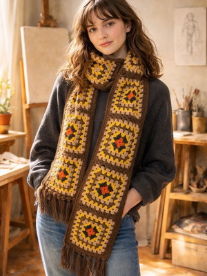 Knitted scarf new handmade in brown and orange shades