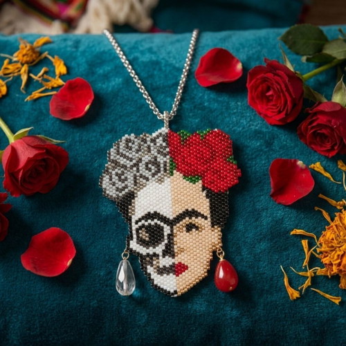 Frida Kahlo handmade necklace with Miyuki beads and stainless steel chain