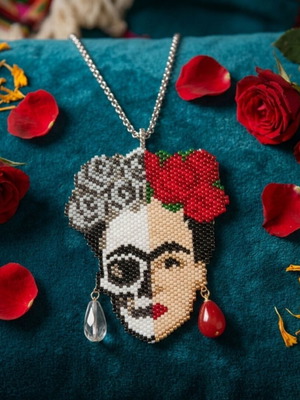 Frida Kahlo handmade necklace with Miyuki beads and stainless steel chain