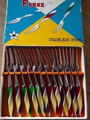 Vintage set of 12 pastry forks with colorful handles like new