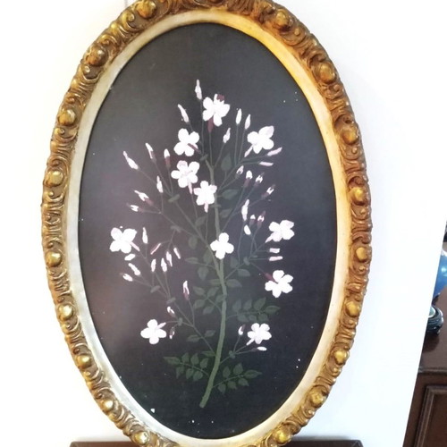 Embroidery in wooden carved frame handmade of exceptional quality