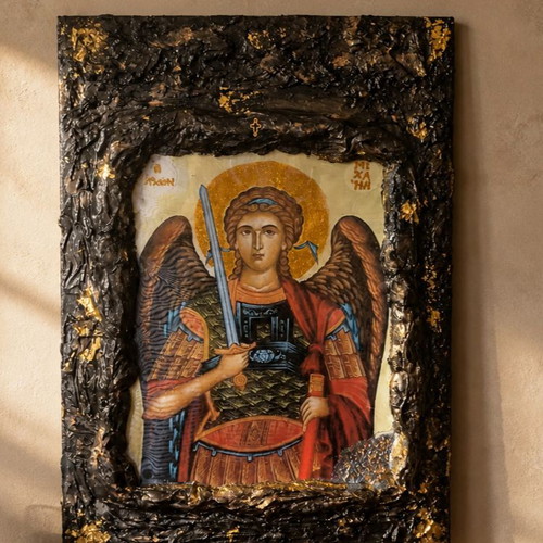 Handmade religious icon on canvas with resin, 60x40 cm