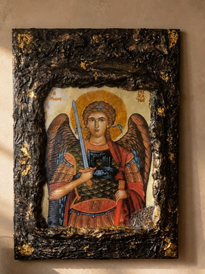 Handmade religious icon on canvas with resin, 60x40 cm