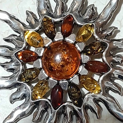 Sun pendant with Baltic amber in 925 silver, new, unworn