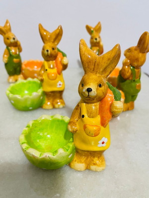 Ceramic Easter Bunny Set with Egg Holders, Pack of 6, Like New