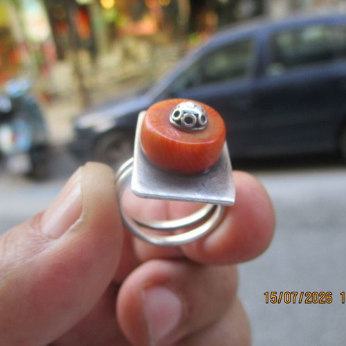 Silver ring with coral Bamboo, like new, adjustable size