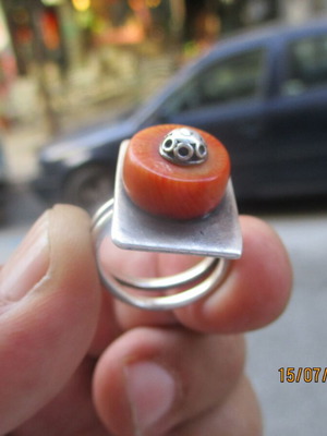 Silver ring with coral Bamboo, like new, adjustable size