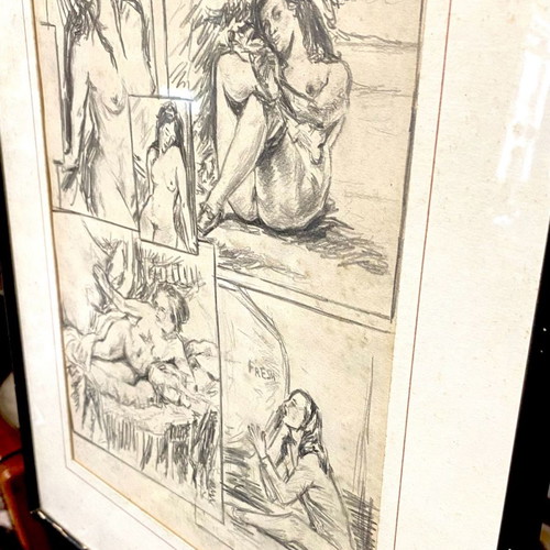 Pencil drawing board sketches and notes unsigned 33x40cm