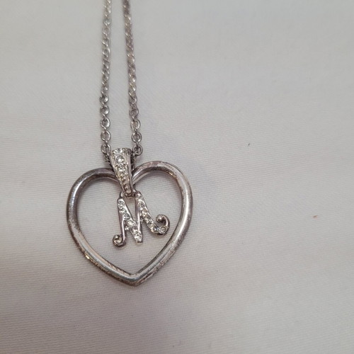 Avon silver necklace with initial M and rhinestones