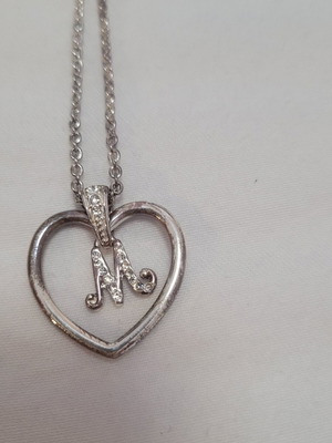Avon silver necklace with initial M and rhinestones