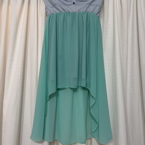 Strapless Dress with Denim Top and Turquoise Asymmetric Skirt used