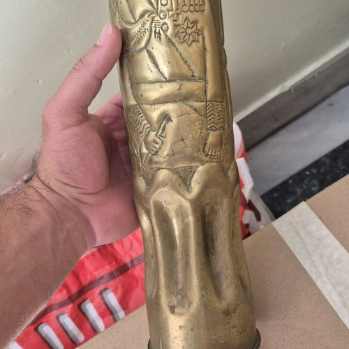 World War I Trench Art used, 75mm carved shell casing