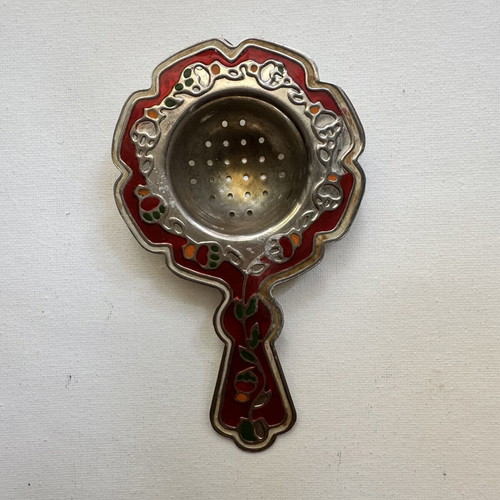 Soviet Vintage Melchior Tea Strainer with Cloisonné Enamel (12x7 cm)
