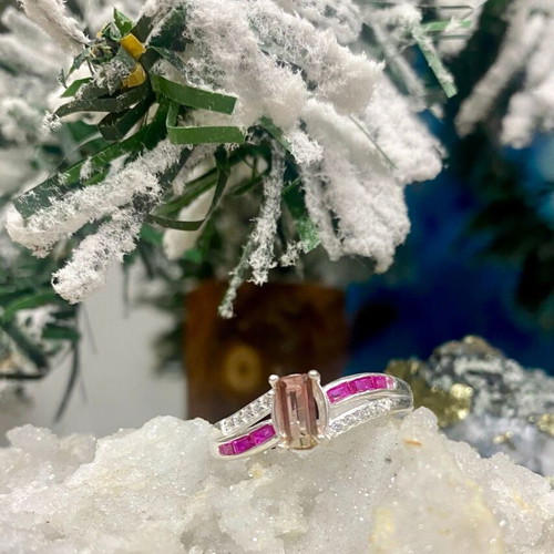 Handmade silver ring with natural watermelon tourmaline, ruby and moissanite