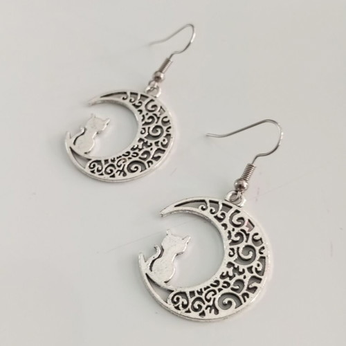 Cat and Moon Earrings new, stainless steel, silver color