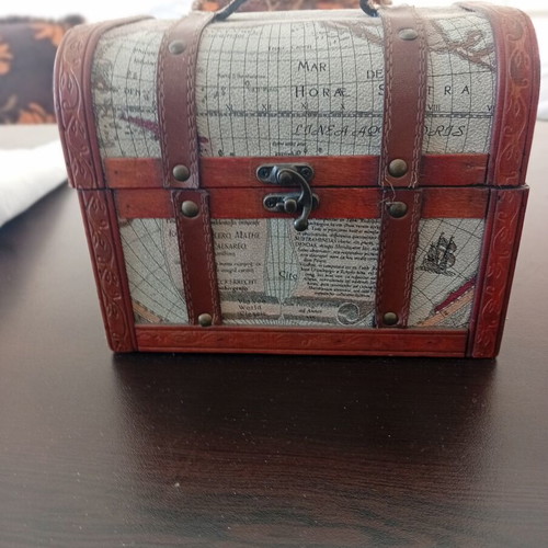 Globe-themed wooden and leather chest like new