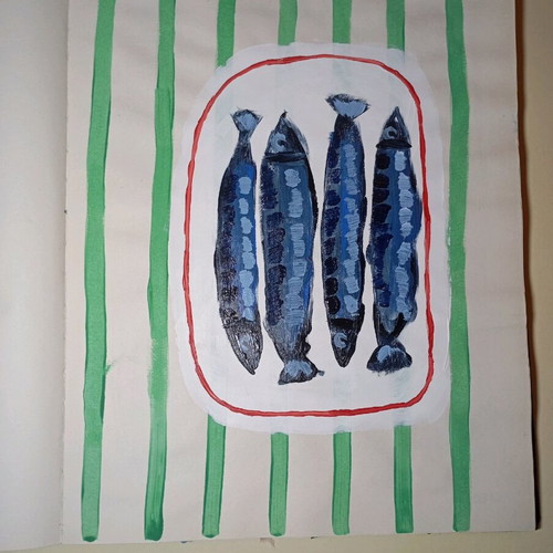 Sardines and green stripes acrylic on paper new 27.5x35.5 cm