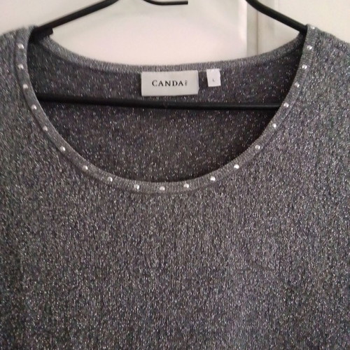Canda women's blouse L used, grey with silver thread and rhinestones