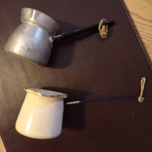 Old coffee pots used, enamel and copper