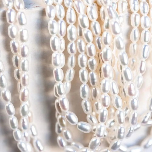 Rice pearls new, 5 strands, natural white 5-5.5x6-7 mm