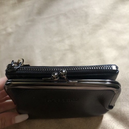 Rosebird women's black leather kiss-lock wallet, retro style