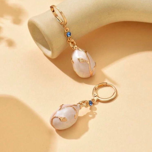 Designer Gold Drop Earrings with Pearl Effect and Blue Crystal, New