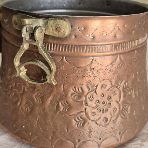 Copper forged cauldron used, antique with embossed designs