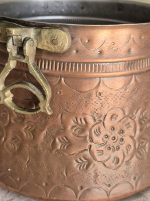 Copper forged cauldron used, antique with embossed designs