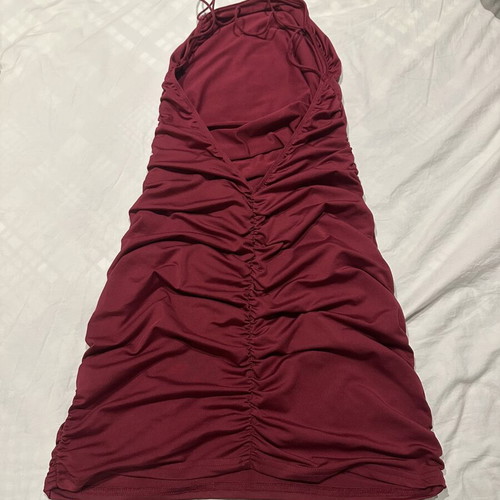 Shein Burgundy Mini Ruched Backless Dress, Size M