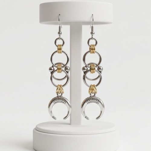 Steel earrings with gold-silver bicolor and crescent moon design