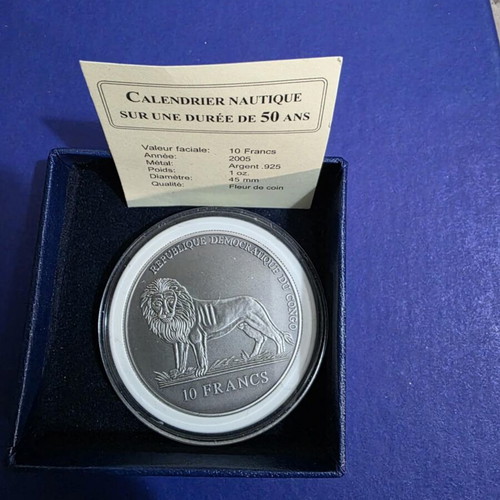 Silver 10 Francs Congo Coin new with 50-Year Calendar