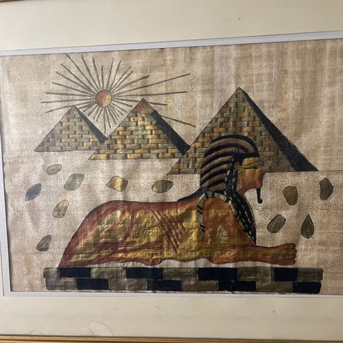 Handmade painting on Egyptian papyrus with frame used