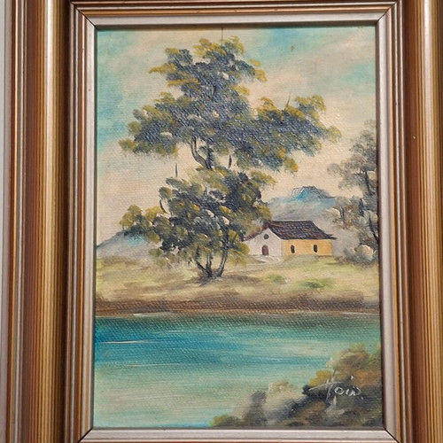 Vintage wall frame with house by the river painting on canvas