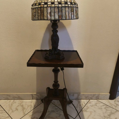 Vintage Tiffany-style table lamp with stained glass shade