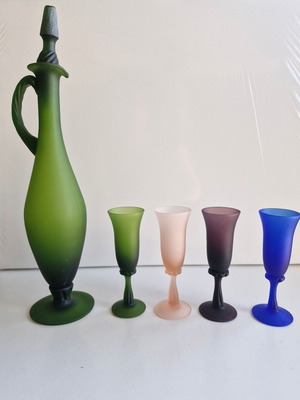 Vintage liqueur and cocktail set used with green bottle and 4 glasses