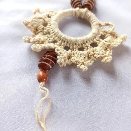 Handmade women's knitted necklace with ceramic beads and cotton yarn new