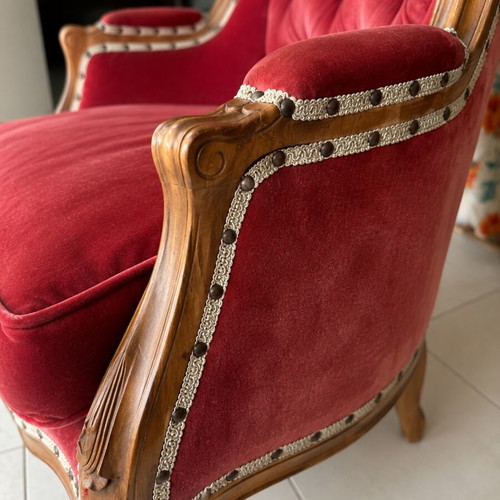 French Provincial Louis XV Style Living Room Suite 6-Piece Burgundy Velvet Like New