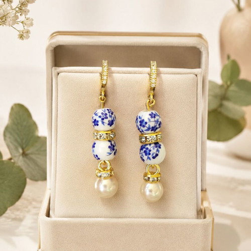 Royal Porcelain Earrings with Pearls and Gold