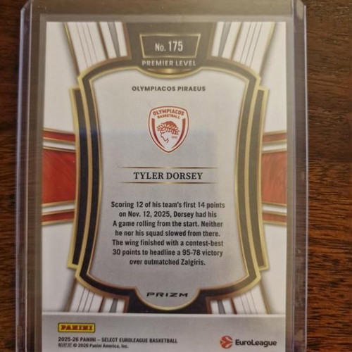 Panini Euroleague Select Olympiacos Tyler Dorsey Gold Glitter Card new