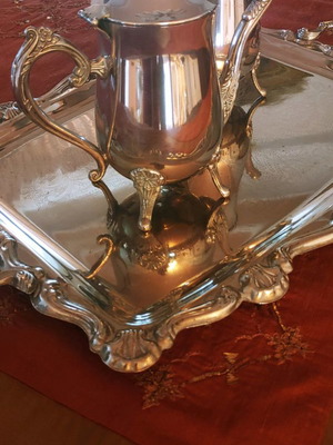 Antique tray and teapot set used, silver-plated